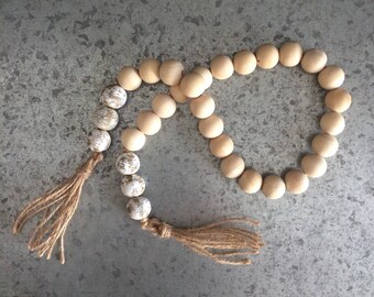 Raw Wood and Chippy White Farmhouse Bead Garland with Tassels