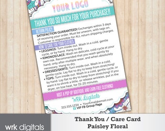 Thank You Card, Care Card, Fashion Consultant, Paisley Floral Design, Direct Sales, PRINTABLE