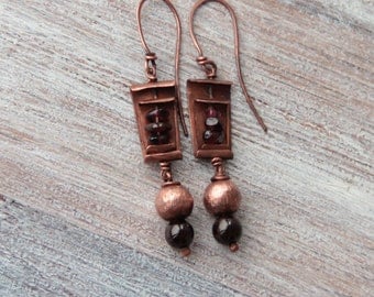 Garnet earrings long copper earrings garnet earings boho earrings artisan earrings rustic earrings copper earrings copper jewelry