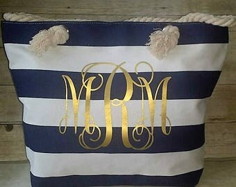 Monogrammed Beach Bag, Blue and Gold Beach Tote, Blue and Gold Bag, Bridal Tote, Bridal Gift, Bridesmaid Gift, Monogram Tote, Sorority Gift