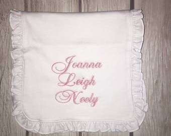 Monogrammed Ruffle Baby Burp Cloth White
