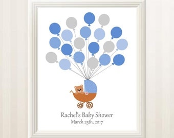 Teddy Bear Baby Shower Guest Book Alternative with Blue and Gray Balloons - Balloon Guest Book - Printable, Custom, Digital