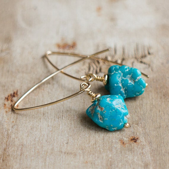 Raw Turquoise Earrings in Silver or Gold, December Birthstone, Real Turquoise Jewelry, Turquoise Long Drop Earrings, Raw Stone Earrings