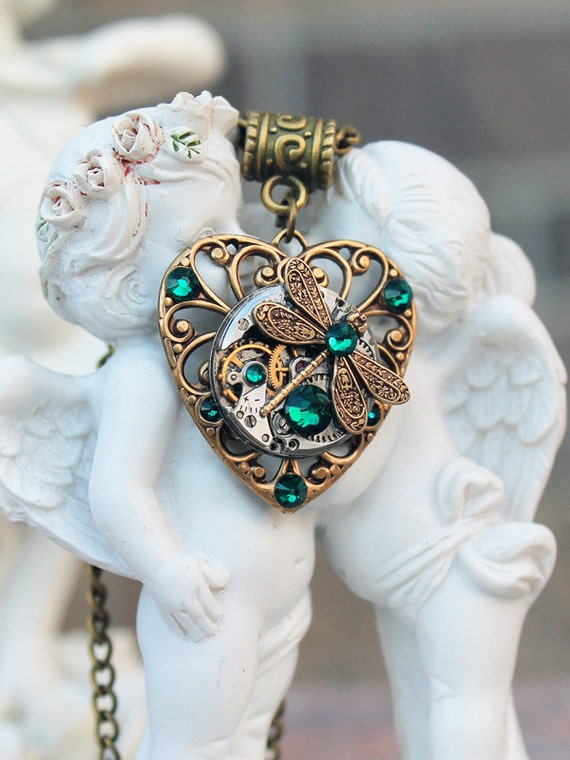 Steampunk vintage dragonfly necklace with swarovski emerald green crystals by DreamCloudJewelry steampunk buy now online