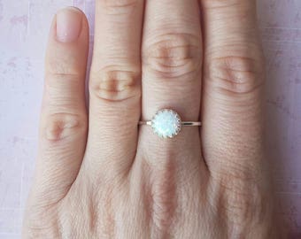 White opal ring, blue opal ring, crown ring, sterling silver ring, statement ring, gift for her, Mothers day gift, delicate silver ring