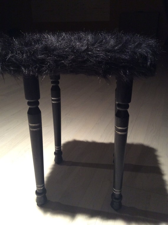 Black Vanity Stool with black faux fur seat and with silver