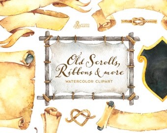 Old Scrolls, Banners, ribbons, knots and more. Clipart, ancient, pirate, paper, handpainted, treasure, vintage, clip art, separate png, diy