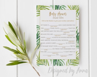 Botanical baby shower mad libs game printable mad libs game instant download baby shower mad libs games tropical printable party green