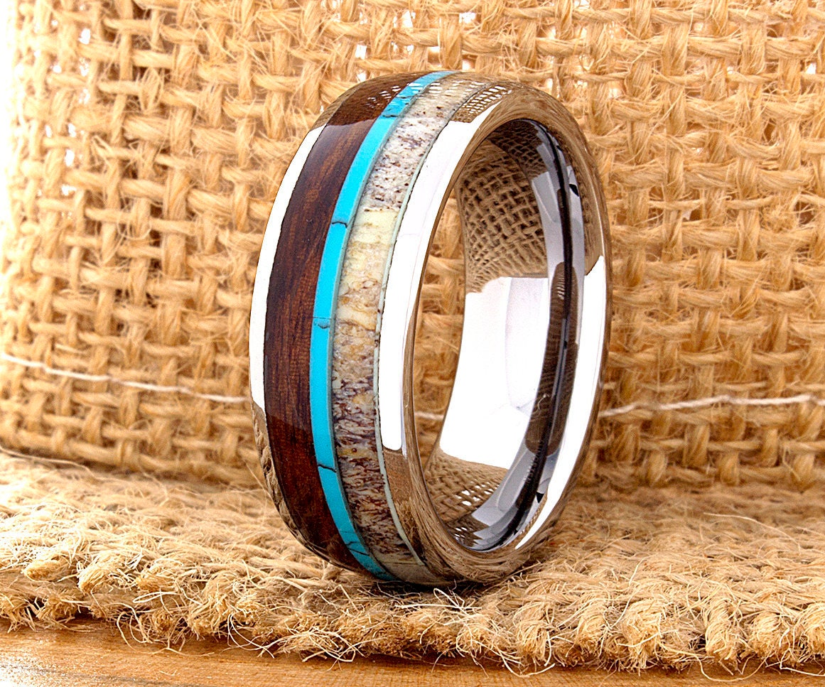 Tungsten Ring Tungsten Wedding Ring Band Mens Women's Wedding Band Red Wood Deer Antler Turquoise Anniversary Dome 8mm Matching Ring Set New