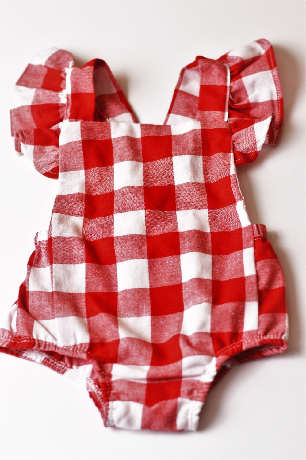 Red and White Gingham Infant Romper. Summer Romper. Ruffled