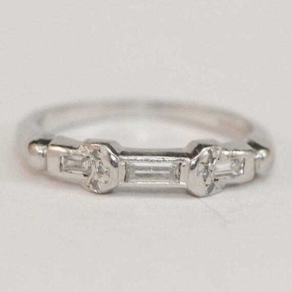 Vintage 950 Platinum, Baguette and Round Brilliant Cut Diamond Wedding Band - Anniversary Ring Size 5.25