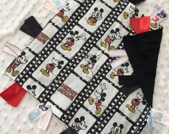 Personalized Tag Blanket Sensory Ribbon Blanket Lovey- Disney Vintage Mickey Mouse Film Strip with Minky Dot