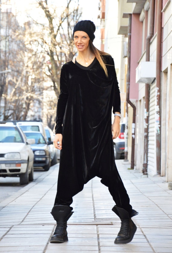 Extravagant Black Velvet Jumpsuit Extra Long Sleeves Loose