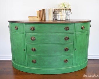 Sideboard green chalk paint and wood stained. Antique Drexel buffet, TV stand, entryway table painted with Annie Sloan chalk paint and waxed