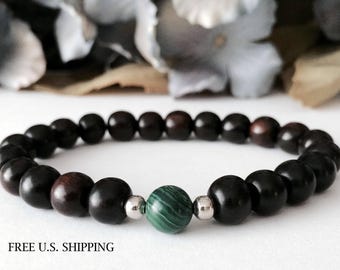 Yoga Zen Bracelet, Malachite Bracelet, Ebony Wood Bracelet, Mens Beaded Bracelet, Meditation Bracelet, Mala Beads, Buddhist Jewelry