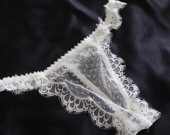Ivory Dot Frech Lace Thong Panties Size 8