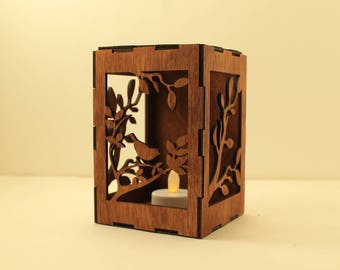Bird tealight lantern Wood candle holder Shadow box Led flameless candle Laser cut candleholder Led light Night light Wood light Bird decor