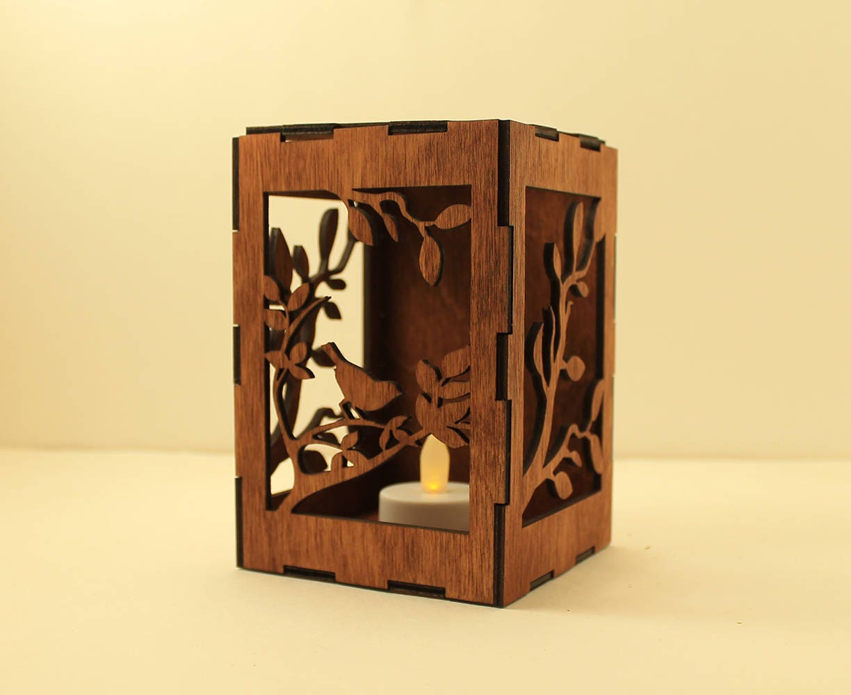 Bird tealight lantern Wood candle holder Shadow box Led