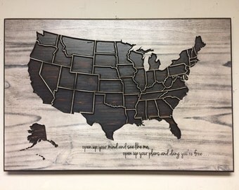 US Map Art, United States Home Wall Decor, Carved, Customize your own text