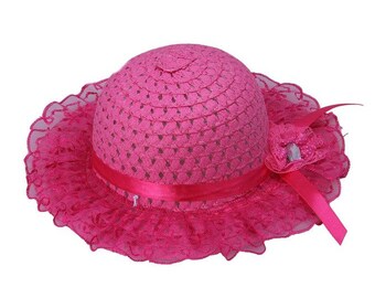 Bright Pink w/Lace Girls Toddler Girls Easter Hat Easter Bonnet Sun Hat Teaparty Hat