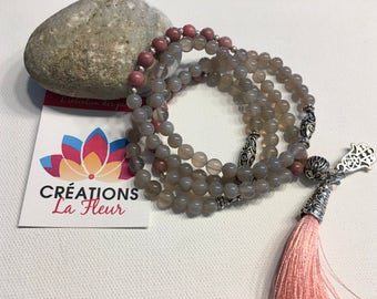 Mala, gray, gray, meditation, yoga, agate, rhodonite