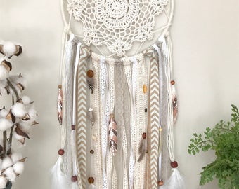 Large dream catcher, Neutral dream catcher, Crochet Doily Dream Catcher, Neutral nursery decor, Boho bedroom decor, Neutral wall decor