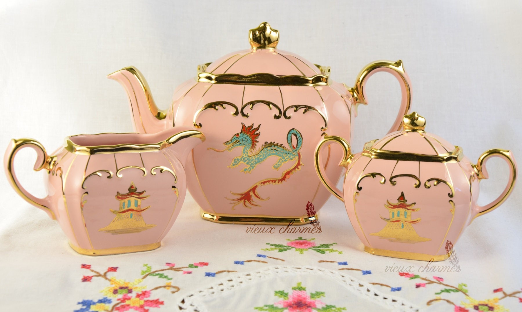 Pink Sadler cube tea set Sadler 1954 hand painted blue