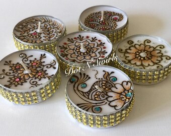 Set of 6, fresh henna decorated jumbo tea lights/wedding favors/henna party favors/eid decor/party favor/henna design/Indian wedding
