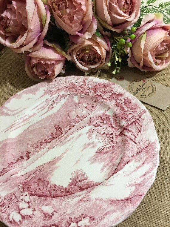 Pair of Alfred Meakin TINTERN 10" Dinner Plate in Red - Pretty Romantic Collectors Plates - 1950s Made in England - Porcelain Plates