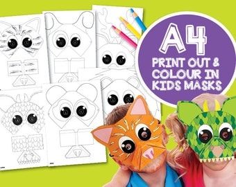 Colour in Masks for Kids/ Children's Set of six Downloadable & printable Mask Activity set A4