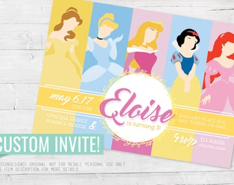 Disney Princess Invitation, Disney Princesses, Disney, Belle Invitation, Cinderella, Aurora, Snow White, Ariel, Princess Party, Birthday