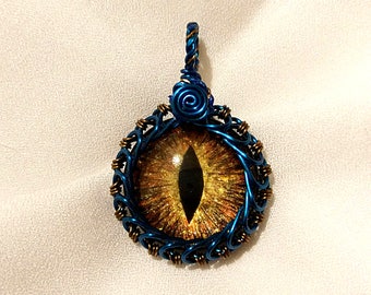 Gold Hand-Painted Dragon Eye Pendant w/Blue and Bronze Wire Wrap (with Necklace)