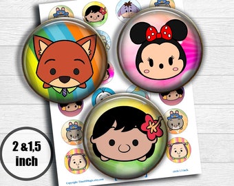 Disney Tsum Tsum Digital Collage Sheet 2" 1.5" circle clipart Printable Image Download for favor magnets cupcake toppers birthday