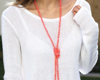 Long Coral Necklace, Genuine Rose Pink Beaded Coral Necklace, 50", Sterling Silver Lobster Clasp, 35th Anniversary Coral Gift for Wife