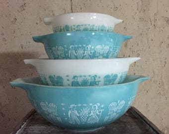 Pyrex Butterprint, Cinderella Bowls, 4 Bowls, Vintage Pyrex, MidCentury Kitchen, Vintage Mixing Bowls, Aqua Dishes, Pyrex Set, Save 30%