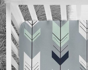 Baby boy grey, white, navy and mint fitted crib sheet, arrows crib sheet, boy bedding, tribal baby, boy nursery, baby bedding,