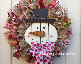 Burlap Snowman Wreath, Christmas Wreath, Winter Wreath, Snowman Wreath