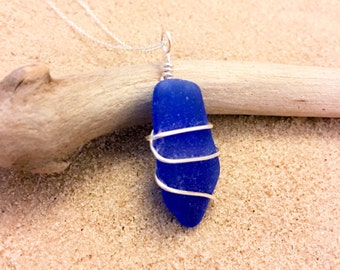 Cobalt Blue Sea Glass Silver Wire Wrap Sterling Silver Necklace