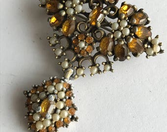 Vintage Pin Brooch . Earring Set . Victorian revival Costume jewelry