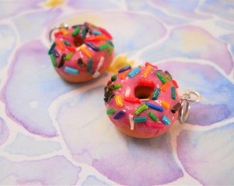 Polymer clay strawberry frosted donut with sprinkles charm/bracelet/earrings/keychain