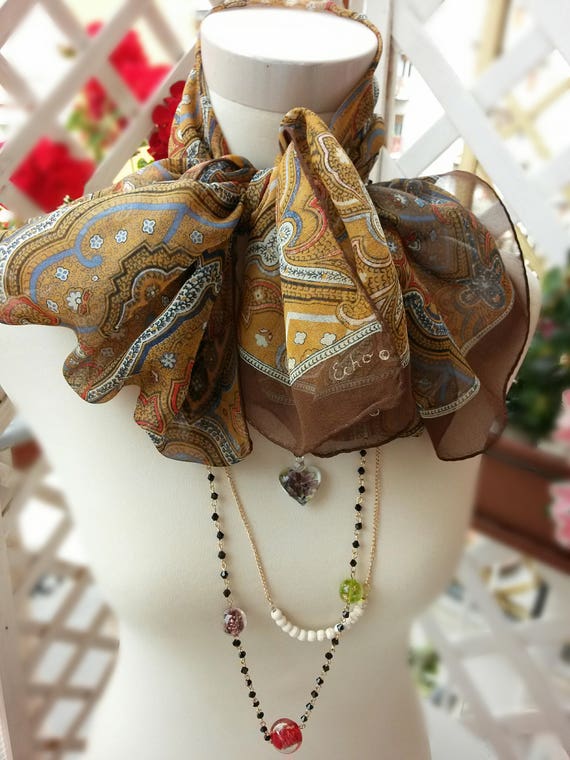 vintage 1960s Silk Scarf designer Echo scarf Brown Chiffon