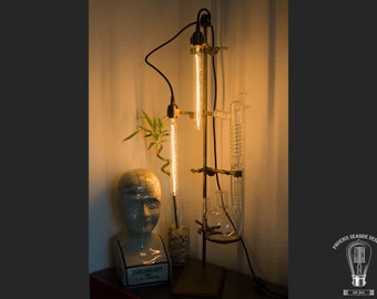 Vintage Industrial Lab Stand Lamp with Condenser and 3-neck flask Chemistry Science Biology