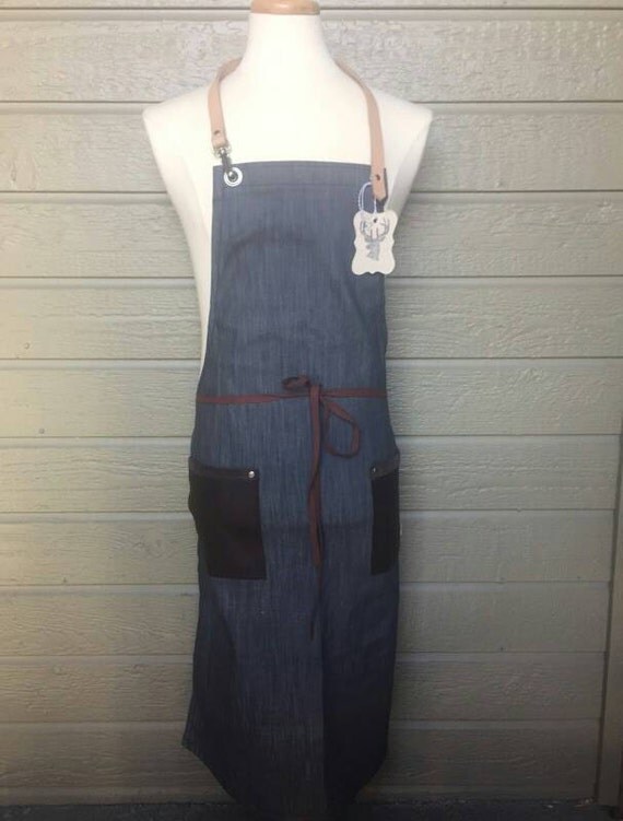 Salvage denim apron with leather neck strap. by BuckeyeAprons