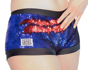 SALE Derby Kiss Sequin Color changing Red and Blue Harley Quinn roller derby rave festival shorts