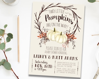 Twin Fall Baby Shower Invitation Invites for Twins, Twin Pumpkin Fall Autumn Rustic Gender Neutral Baby Shower Invitation Invite for Twins