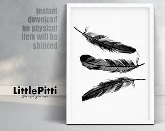 Feather print, feather wall art, black and white art, feather art print, feathers poster, feathers wall art, minimalist art, instant print