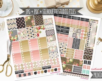 50% MEGA SALE!! Black Gold Vintage Roses Digital Printable Planner Stickers Weekly Planner Stickers Vertical Planner Digital Planner Floral