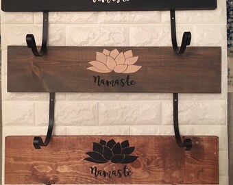 Yoga mat holder, yoga gift, Namaste, yoga rack, rustic, distressed, wood sign, neutral colors, lotus flower, yoga mat storage, personalize