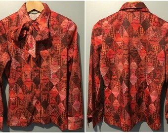 Vintage 1970s Shamrock Red Bow Blouse Size Medium