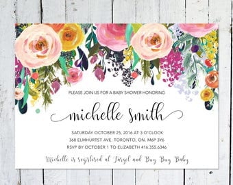 Baby Shower Invitation Girl, Floral Baby Shower Invitation, Colorful, Watercolor, Flowers, Printed, Printable